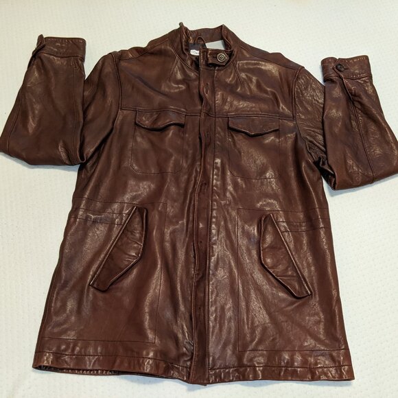 NWT AUTHENTIC Calvin Klein Brown Military Field Jacket Vintage Leather - Picture 1 of 14